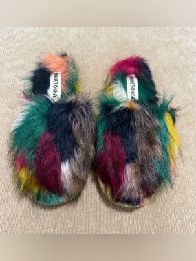 New Minnetonka Multicolor Faux Fur Slide Slippers - Teal, Burgundy, Yellow, Cozy
